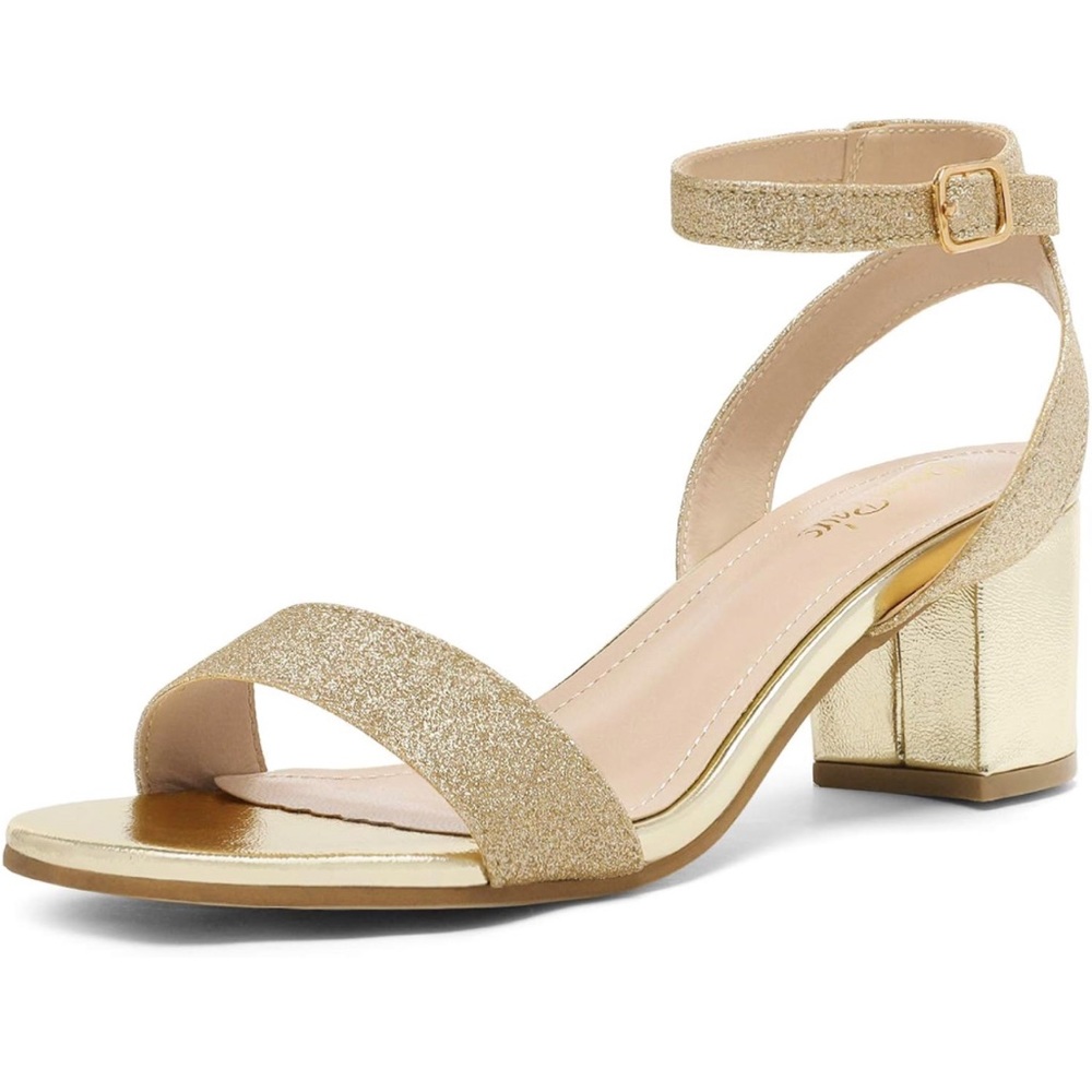 Women’s Gold Open Toe Ankle Strap Chunky Heels